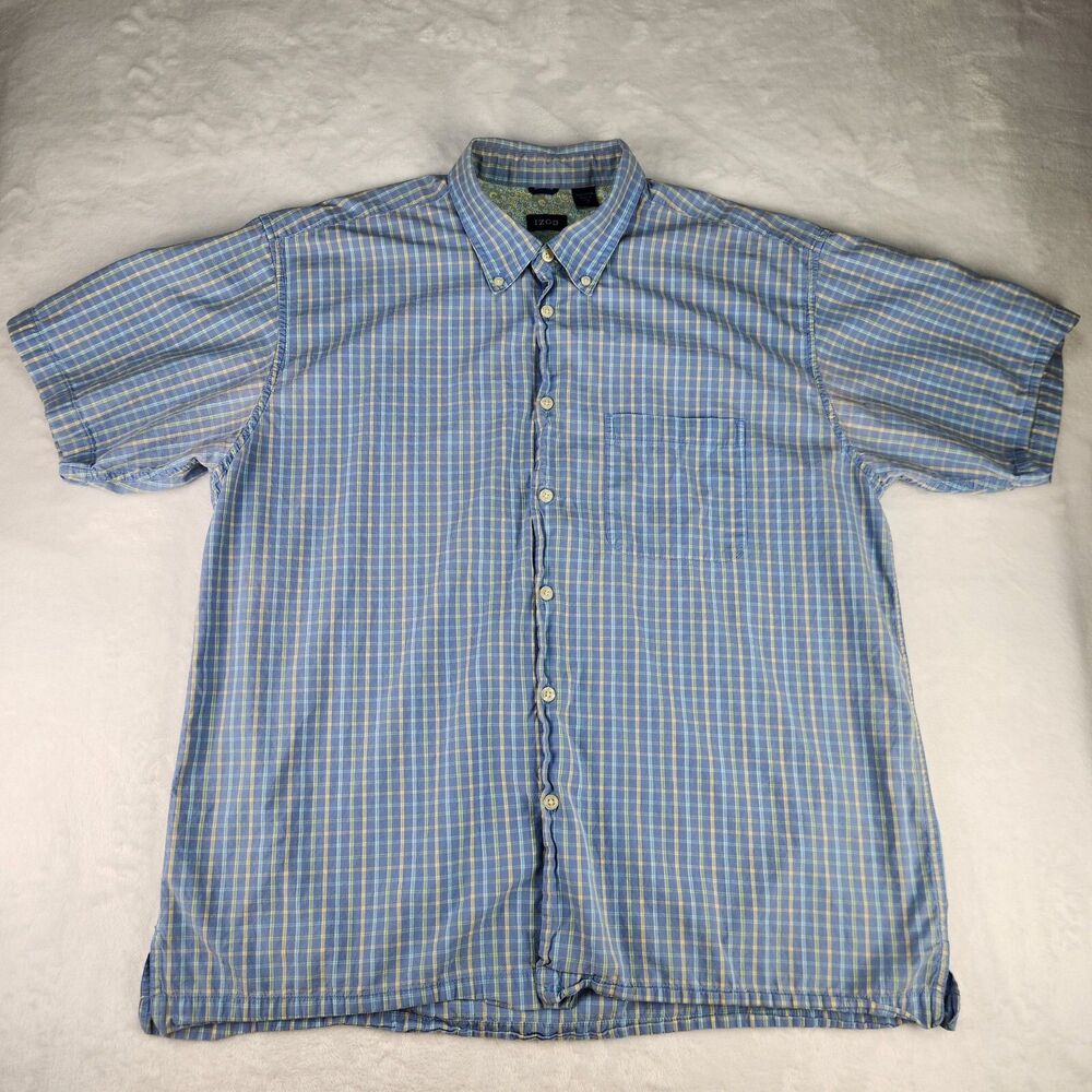 Izod Shirt Mens XL Short‎ Sleeve Button Down Blue Window Pane Plaid Short Sleeve